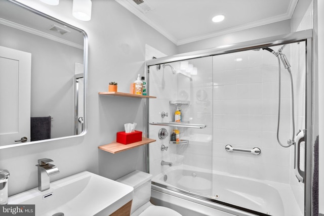 full bath featuring visible vents, bath / shower combo with glass door, and ornamental molding