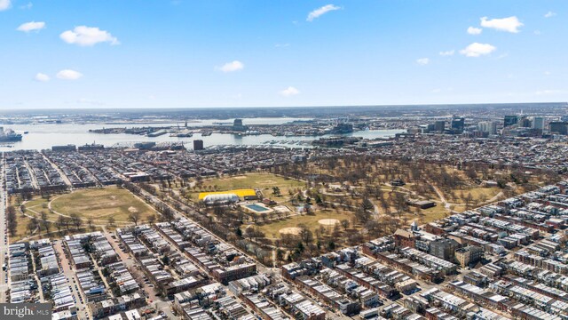 bird's eye view with a city view and a water view