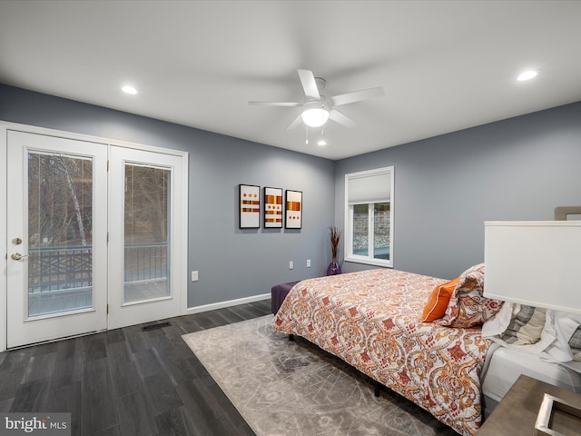 bedroom with access to exterior, visible vents, recessed lighting, and wood finished floors