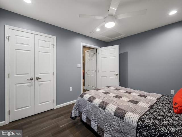 bedroom featuring dark wood-style floors, recessed lighting, baseboards, attic access, and ceiling fan