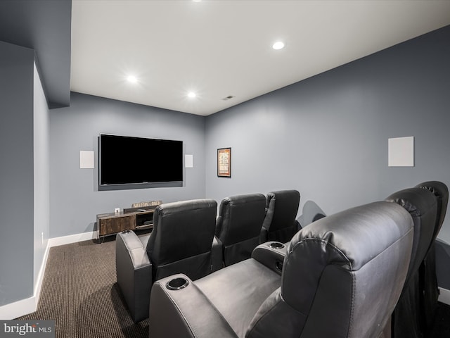 home theater with carpet flooring, recessed lighting, and baseboards