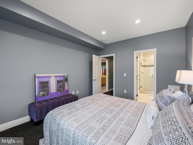 carpeted bedroom featuring recessed lighting, baseboards, and connected bathroom