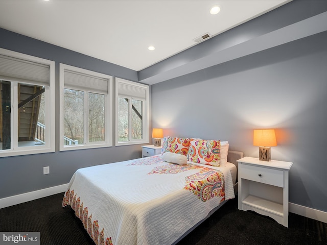 bedroom with carpet flooring, recessed lighting, baseboards, and visible vents