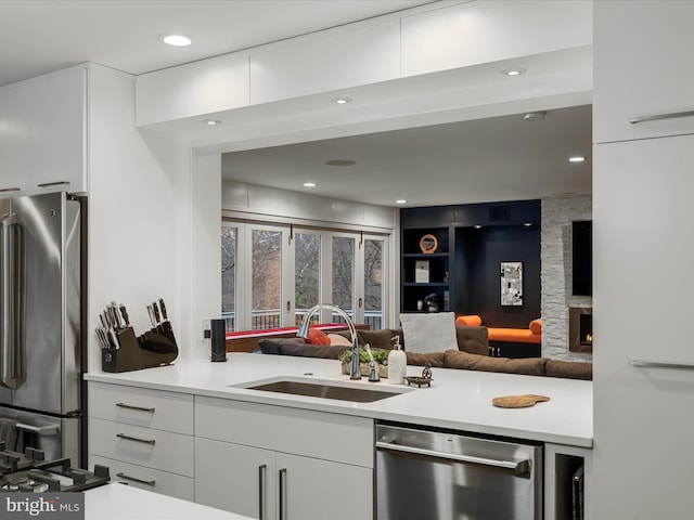 kitchen featuring a sink, a stone fireplace, modern cabinets, and stainless steel appliances