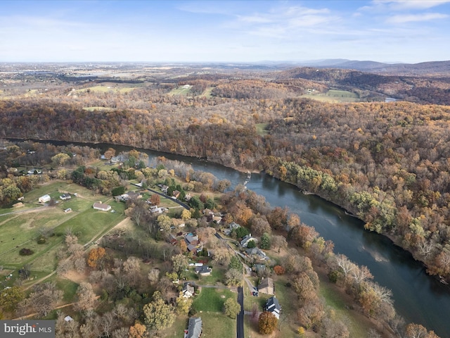 birds eye view of property featuring a view of trees and a water and mountain view