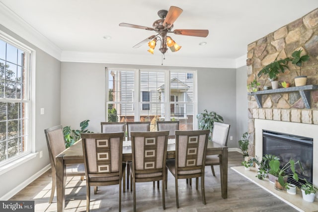 dining space featuring ornamental molding, plenty of natural light, baseboards, and wood finished floors