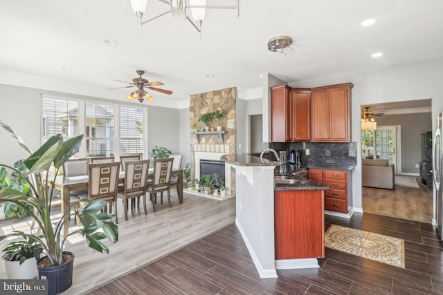 kitchen featuring a peninsula, a healthy amount of sunlight, a sink, and decorative backsplash