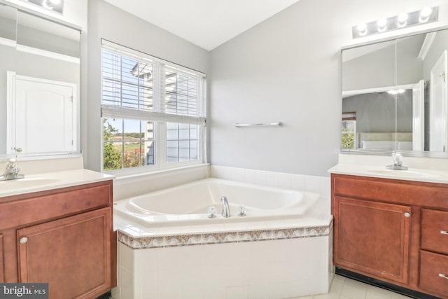 bathroom with a garden tub, a sink, and a wealth of natural light