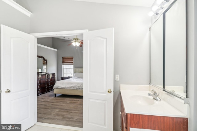 ensuite bathroom with ceiling fan, wood finished floors, vanity, and ensuite bathroom