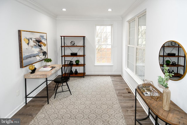 office area with ornamental molding, recessed lighting, wood finished floors, and baseboards