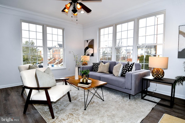 interior space with a healthy amount of sunlight, crown molding, baseboards, and wood finished floors