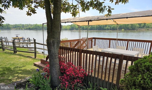 dock area featuring a water view and a lawn