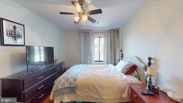 bedroom with visible vents and ceiling fan