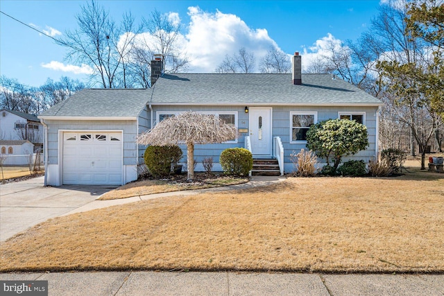 ranch-style house featuring concrete driveway, a front lawn, a chimney, and roof with shingles