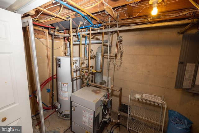 utility room featuring water heater, a heating unit, and electric panel