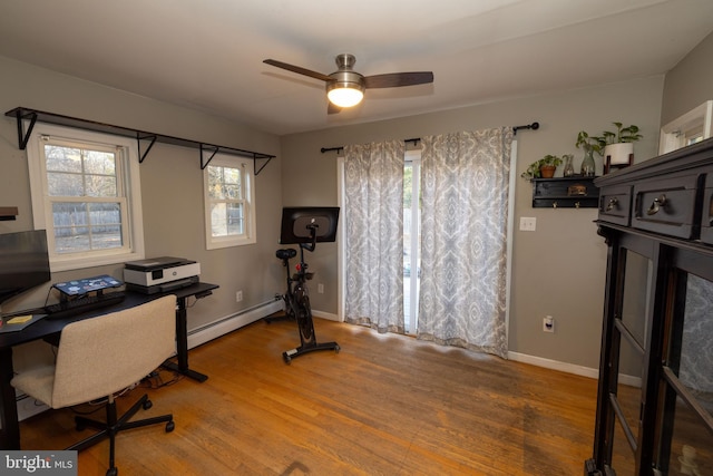 home office with baseboards, wood finished floors, ceiling fan, and a baseboard radiator