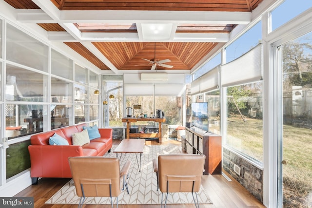 sunroom / solarium with beamed ceiling, ceiling fan, coffered ceiling, and a wall unit AC