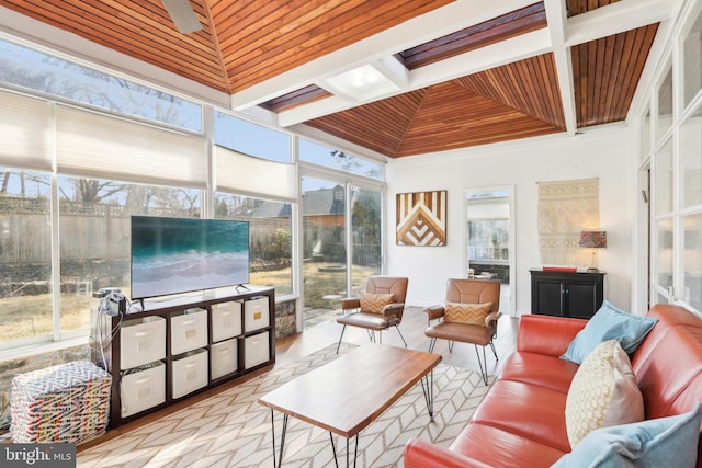 sunroom with coffered ceiling and wood ceiling