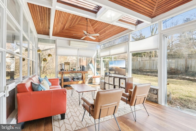 sunroom with coffered ceiling, ceiling fan, wooden ceiling, and a wall mounted AC