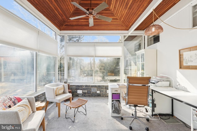 sunroom with wooden ceiling, a ceiling fan, and vaulted ceiling