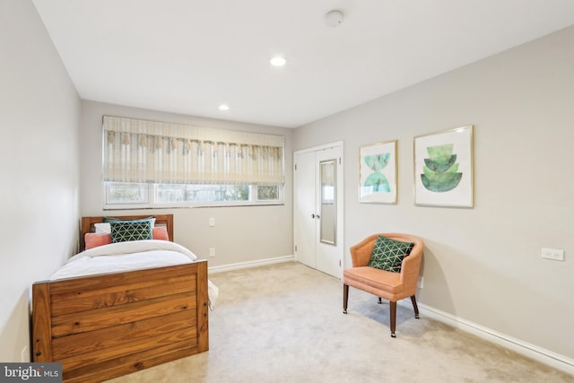 carpeted bedroom with recessed lighting and baseboards