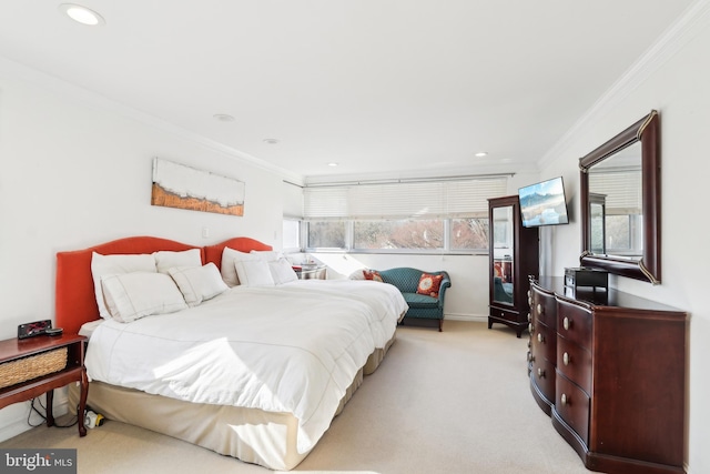 bedroom featuring recessed lighting, multiple windows, light carpet, and crown molding