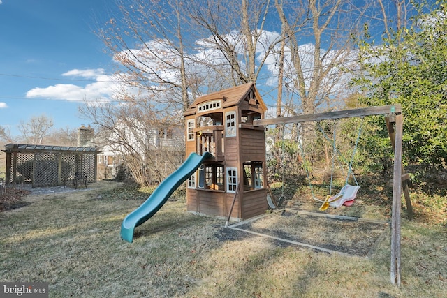 view of play area featuring a pergola