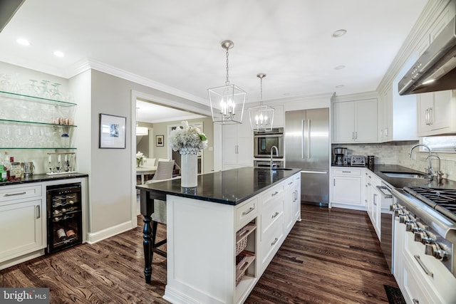 kitchen with ventilation hood, beverage cooler, a sink, dark wood-type flooring, and appliances with stainless steel finishes