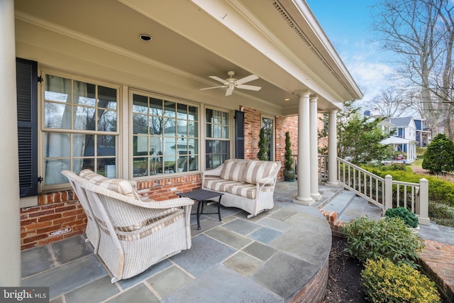 view of patio / terrace with a porch and a ceiling fan