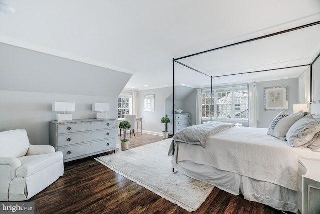 bedroom featuring dark wood-type flooring, multiple windows, baseboards, and ornamental molding