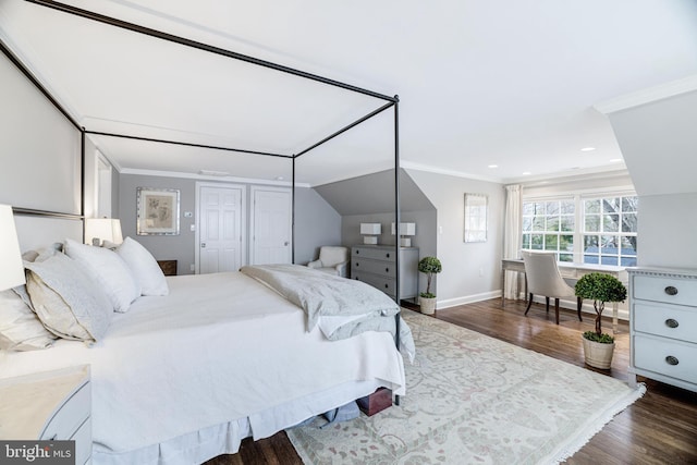 bedroom with recessed lighting, crown molding, baseboards, and dark wood-style flooring