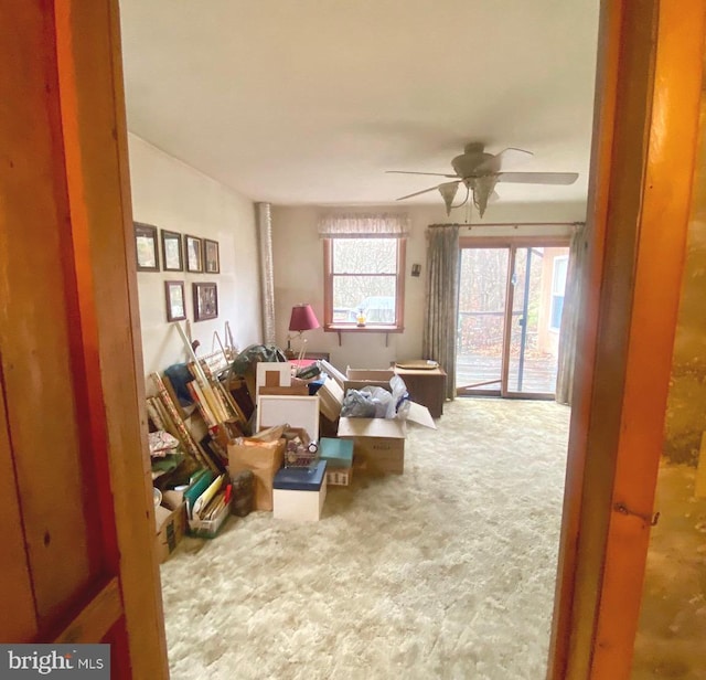 interior space with ceiling fan and carpet floors