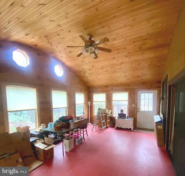 dining area featuring wood ceiling, plenty of natural light, high vaulted ceiling, and a ceiling fan