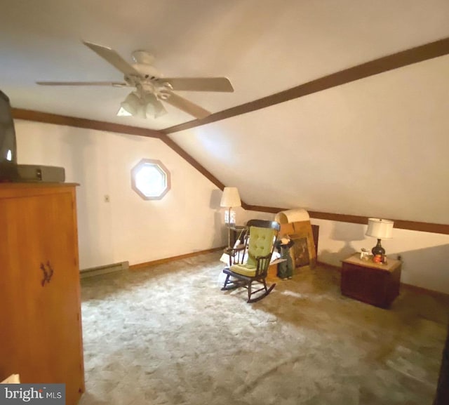 bonus room featuring carpet floors, lofted ceiling, and a ceiling fan