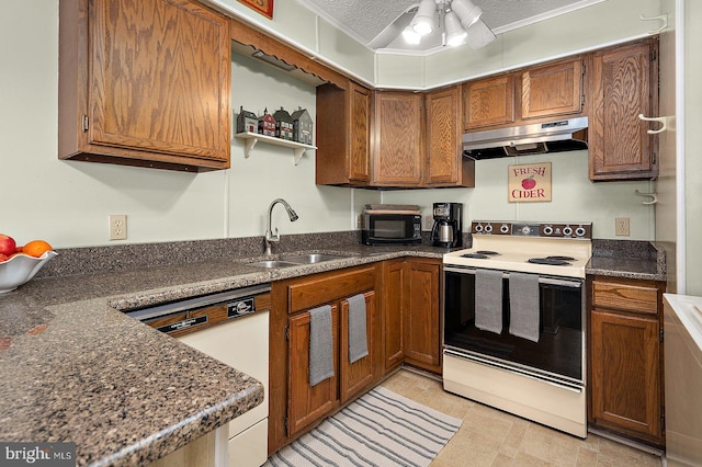 kitchen featuring white appliances, brown cabinets, a textured ceiling, under cabinet range hood, and a sink