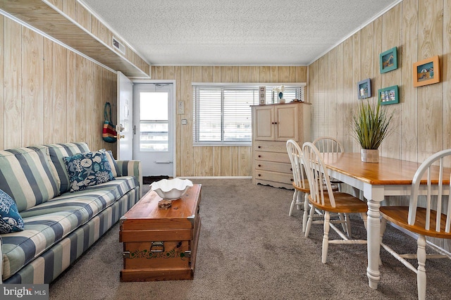 carpeted living area with wooden walls and a textured ceiling