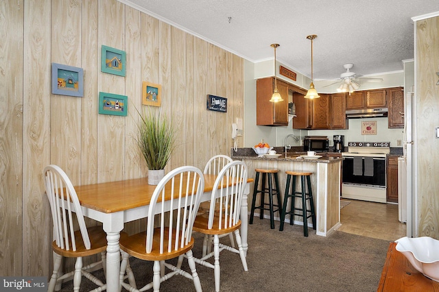 dining area with a textured ceiling, ornamental molding, carpet flooring, and a ceiling fan