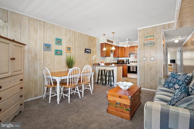 carpeted living area with wooden walls, a ceiling fan, and a textured ceiling