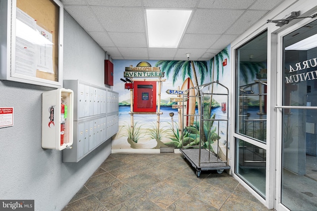 interior space with stone finish flooring, a drop ceiling, and mail area