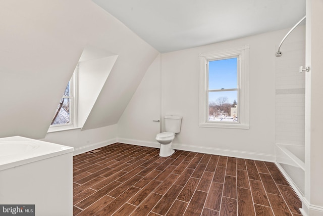 additional living space with vaulted ceiling, baseboards, a sink, and wood tiled floor