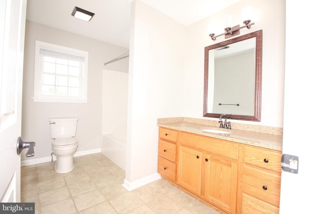 full bath with toilet, shower / tub combination, baseboards, and vanity