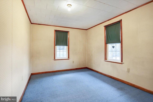 carpeted empty room with ornamental molding and baseboards