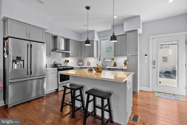 kitchen with visible vents, appliances with stainless steel finishes, wall chimney exhaust hood, and gray cabinetry