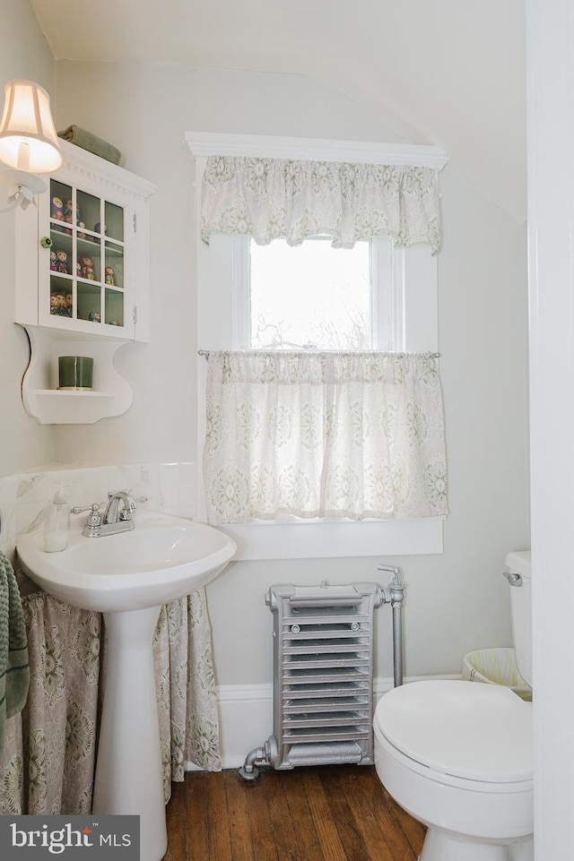 half bath featuring toilet, wood finished floors, and a sink
