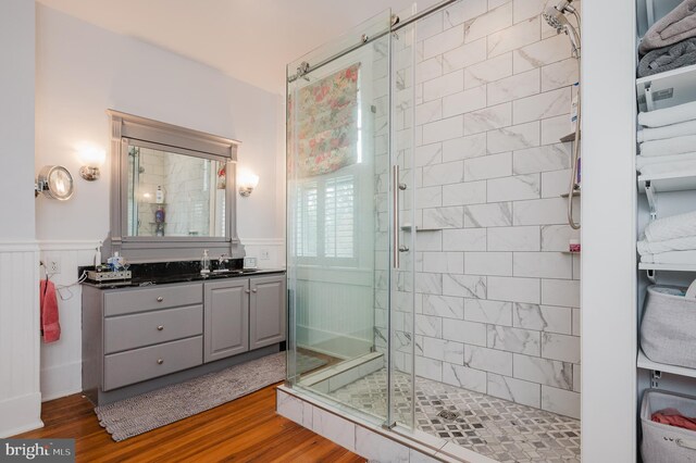 bathroom featuring a shower stall, wainscoting, wood finished floors, and vanity