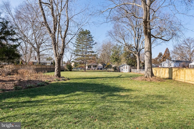 view of yard featuring a storage unit, an outbuilding, and a fenced backyard