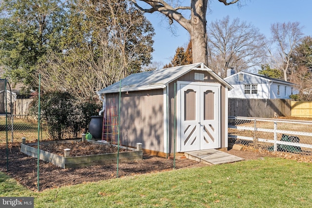 view of shed featuring a vegetable garden and a fenced backyard