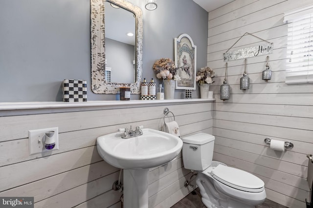 bathroom featuring a sink, wooden walls, and toilet