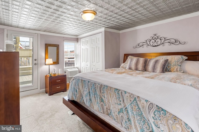 bedroom with light carpet, ornamental molding, and an ornate ceiling