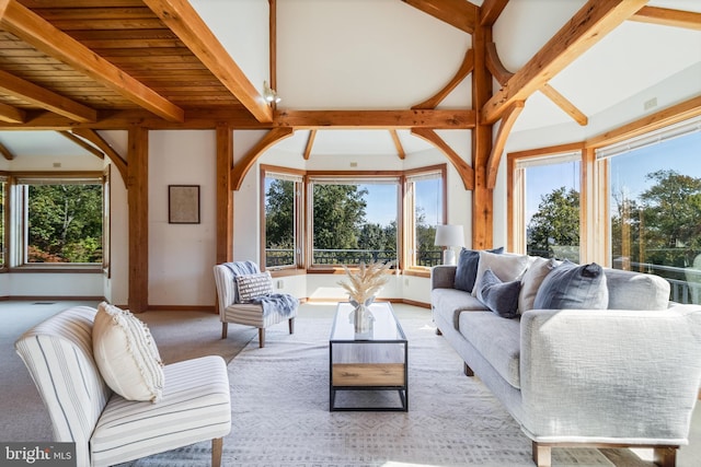 5112 Shore Dr, Huntingtown, MD 20639 - living room with beam ceiling, visible vents, light carpet, and baseboards